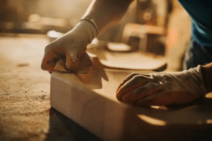 Smooth sanded woodworking filler repair on wood surface