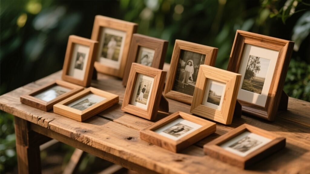 A handcrafted wooden photo frame stands prominently on a rustic wooden surface. The frame's natural grain and knots are visible, showcasing the beauty of the carefully selected timber. Soft, diffused lighting from above casts gentle shadows, accentuating the frame's intricate details and lending a warm, inviting atmosphere. The frame's simple yet elegant design features clean lines and a slightly distressed finish, lending it a timeless, homespun charm. The frame is positioned to showcase a scenic landscape or a cherished family portrait, inviting the viewer to imagine the memories it holds.
