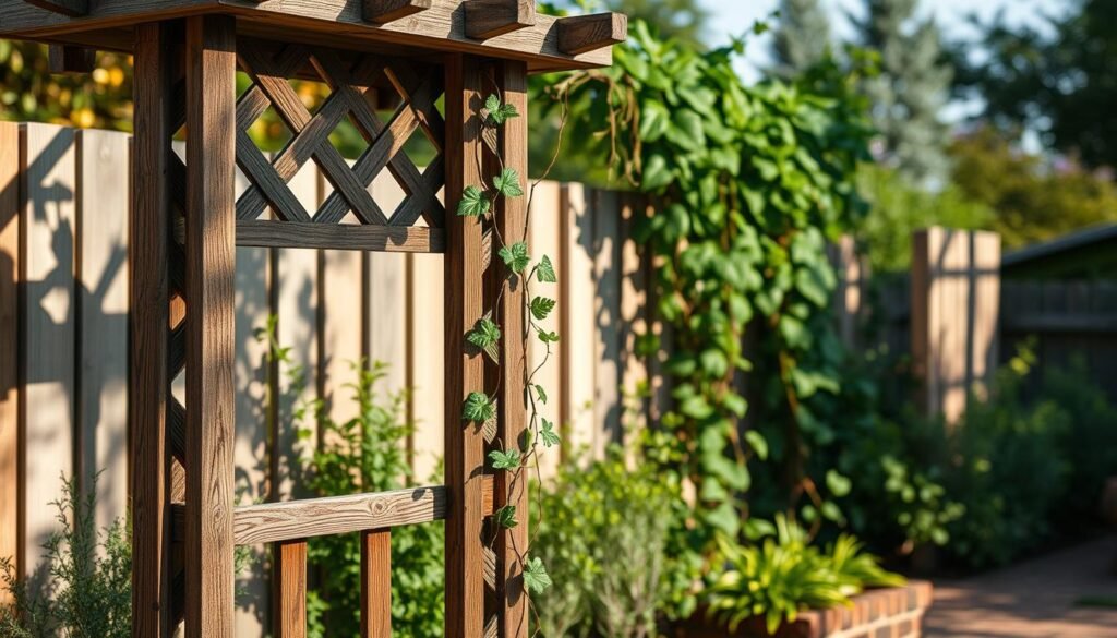 A beautifully crafted, decorative wooden garden trellis stands in the foreground, its intricate lattice design casting playful shadows on the ground. The trellis is constructed from weathered, rustic wood planks, their natural grain and texture adding depth and character. In the middle ground, lush, climbing vines wind their way through the trellis, their vibrant green leaves and delicate tendrils complementing the warm, earthy tones of the wood. The background features a tranquil, sun-dappled garden setting, with a soft, diffused lighting creating a serene, inviting atmosphere. This image captures the essence of a charming, handcrafted wooden trellis that would seamlessly integrate into a thoughtfully designed, visually captivating outdoor living space. A beautifully crafted, decorative wooden garden trellis stands in the foreground, its intricate lattice design casting playful shadows on the ground. The trellis is constructed from weathered, rustic wood planks, their natural grain and texture adding depth and character. In the middle ground, lush, climbing vines wind their way through the trellis, their vibrant green leaves and delicate tendrils complementing the warm, earthy tones of the wood. The background features a tranquil, sun-dappled garden setting, with a soft, diffused lighting creating a serene, inviting atmosphere. This image captures the essence of a charming, handcrafted wooden trellis that would seamlessly integrate into a thoughtfully designed, visually captivating outdoor living space.