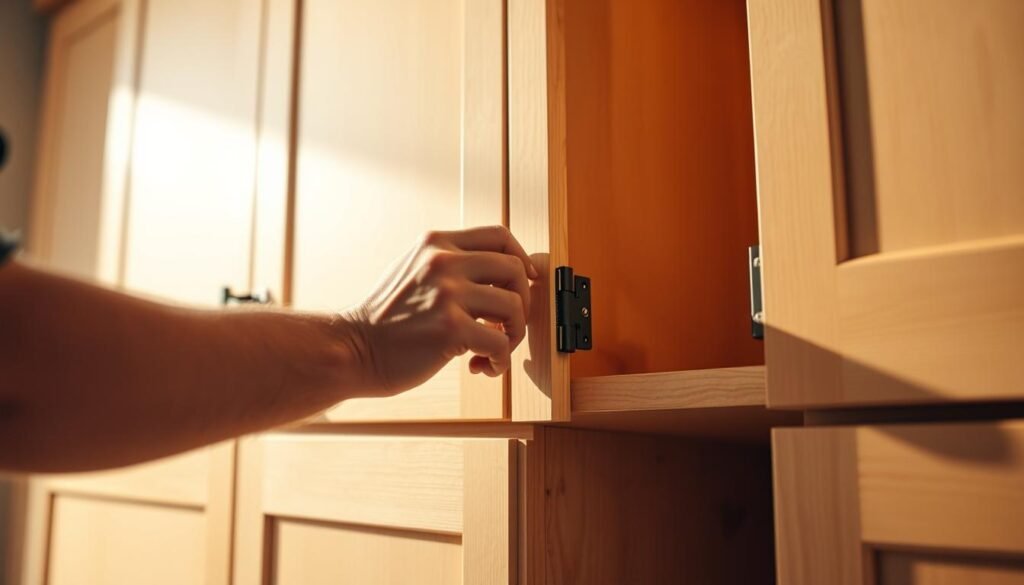 A close-up shot of a carpenter's hands delicately applying the final touches to a pristine set of frameless kitchen cabinets. The scene is bathed in warm, natural lighting that casts a soft glow, highlighting the intricate details of the woodwork. The hands are steady and precise, meticulously aligning hinges, smoothing surfaces, and ensuring every edge is perfectly flush. The cabinets themselves are a stunning blend of sleek, modern design and timeless craftsmanship, their clean lines and minimalist aesthetic conveying a sense of elegant simplicity. The overall mood is one of quiet focus and pride, capturing the culmination of the DIY journey and the satisfaction of achieving a professional-quality result. A close-up shot of a carpenter's hands delicately applying the final touches to a pristine set of frameless kitchen cabinets. The scene is bathed in warm, natural lighting that casts a soft glow, highlighting the intricate details of the woodwork. The hands are steady and precise, meticulously aligning hinges, smoothing surfaces, and ensuring every edge is perfectly flush. The cabinets themselves are a stunning blend of sleek, modern design and timeless craftsmanship, their clean lines and minimalist aesthetic conveying a sense of elegant simplicity. The overall mood is one of quiet focus and pride, capturing the culmination of the DIY journey and the satisfaction of achieving a professional-quality result.