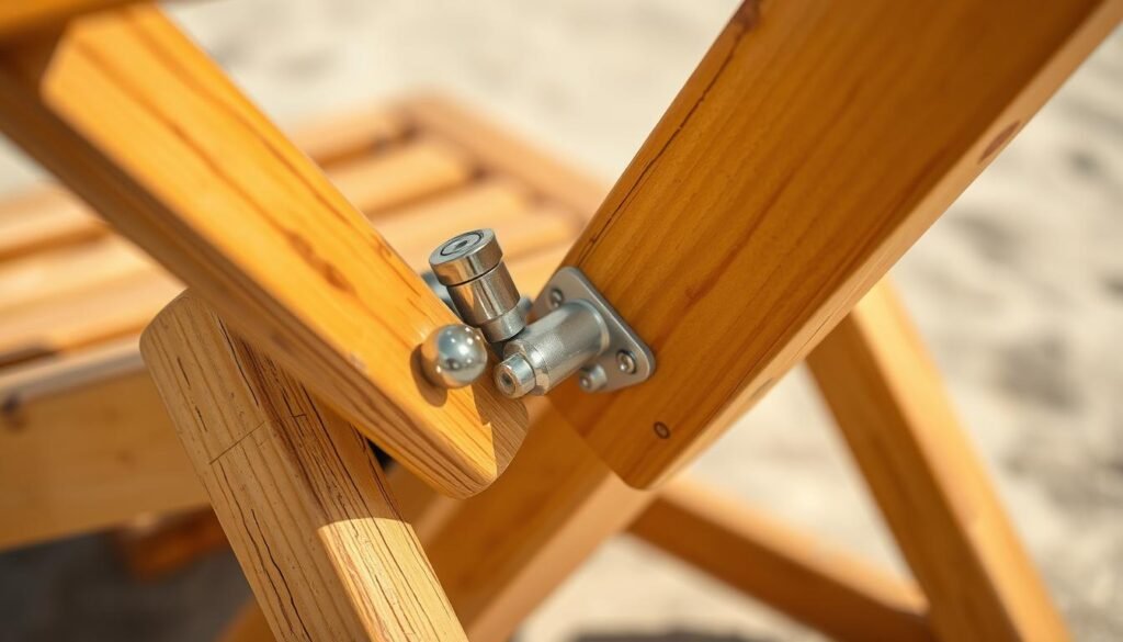 A close-up view of a wooden beach chair's hinge assembly, captured with a macro lens in natural daylight. The hinge components, including the metal pivots and wooden mounting points, are showcased in intricate detail, revealing the thoughtful engineering behind the chair's folding mechanism. The warm, golden tones of the weathered wood contrast beautifully with the gleaming hardware, evoking a sense of rustic craftsmanship. The image is framed to emphasize the hinge's functional elegance, allowing the viewer to appreciate the design's careful balance of form and function. A close-up view of a wooden beach chair's hinge assembly, captured with a macro lens in natural daylight. The hinge components, including the metal pivots and wooden mounting points, are showcased in intricate detail, revealing the thoughtful engineering behind the chair's folding mechanism. The warm, golden tones of the weathered wood contrast beautifully with the gleaming hardware, evoking a sense of rustic craftsmanship. The image is framed to emphasize the hinge's functional elegance, allowing the viewer to appreciate the design's careful balance of form and function.