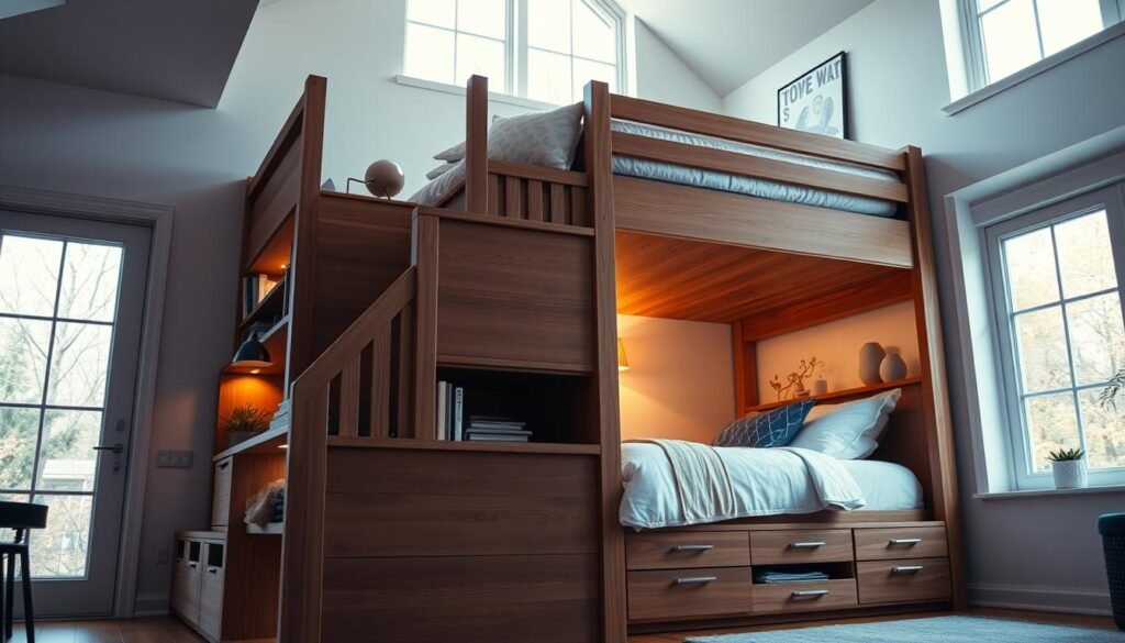 A cozy and functional loft bed with a customized staircase that doubles as storage space. The stairs feature integrated drawers and shelves, providing ample room for books, clothes, and decor. Warm lighting casts a soft glow, creating a inviting atmosphere. The bed frame is made of sturdy wood, complemented by a plush mattress and bedding. The entire setup is captured from a low angle, emphasizing the practical and stylish design. Sunlight filters in through large windows, illuminating the space and lending an airy, natural ambiance. A cozy and functional loft bed with a customized staircase that doubles as storage space. The stairs feature integrated drawers and shelves, providing ample room for books, clothes, and decor. Warm lighting casts a soft glow, creating a inviting atmosphere. The bed frame is made of sturdy wood, complemented by a plush mattress and bedding. The entire setup is captured from a low angle, emphasizing the practical and stylish design. Sunlight filters in through large windows, illuminating the space and lending an airy, natural ambiance.