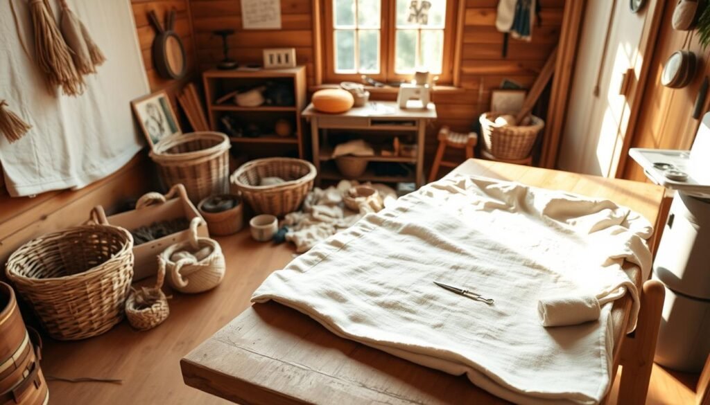 A cozy and well-organized workspace for a DIY Moses basket tutorial. The foreground features a sturdy wooden workbench with a soft, neutral-toned cloth laid out, ready to receive the basket-weaving materials. In the middle ground, various natural fibers, sewing supplies, and tools are neatly arranged, conveying a sense of thoughtful preparation. The background showcases a warm, sun-dappled room with wooden floors and walls, creating a calming, rustic atmosphere. Soft, diffused lighting from a nearby window gently illuminates the scene, casting a comforting glow and highlighting the textures of the materials. The overall mood is one of tranquility and focused creativity, setting the stage for a successful Moses basket crafting session. A cozy and well-organized workspace for a DIY Moses basket tutorial. The foreground features a sturdy wooden workbench with a soft, neutral-toned cloth laid out, ready to receive the basket-weaving materials. In the middle ground, various natural fibers, sewing supplies, and tools are neatly arranged, conveying a sense of thoughtful preparation. The background showcases a warm, sun-dappled room with wooden floors and walls, creating a calming, rustic atmosphere. Soft, diffused lighting from a nearby window gently illuminates the scene, casting a comforting glow and highlighting the textures of the materials. The overall mood is one of tranquility and focused creativity, setting the stage for a successful Moses basket crafting session.