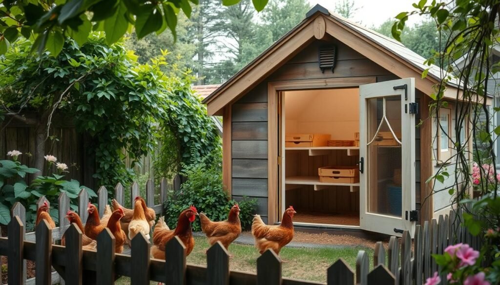 A cozy backyard chicken coop nestled amidst lush greenery, with a charming rustic aesthetic. The coop's exterior features weathered wood paneling, a slanted roof, and decorative trim details. In the foreground, a group of curious hens peck and scratch in a well-enclosed run, surrounded by a picket fence. The middle ground showcases an array of nesting boxes and roosting bars visible through the coop's partially open doors, illuminated by soft, natural lighting. In the background, a tranquil garden with blooming flowers and trailing vines creates a serene, pastoral atmosphere, complementing the coop's harmonious integration into the backyard landscape. A cozy backyard chicken coop nestled amidst lush greenery, with a charming rustic aesthetic. The coop's exterior features weathered wood paneling, a slanted roof, and decorative trim details. In the foreground, a group of curious hens peck and scratch in a well-enclosed run, surrounded by a picket fence. The middle ground showcases an array of nesting boxes and roosting bars visible through the coop's partially open doors, illuminated by soft, natural lighting. In the background, a tranquil garden with blooming flowers and trailing vines creates a serene, pastoral atmosphere, complementing the coop's harmonious integration into the backyard landscape.