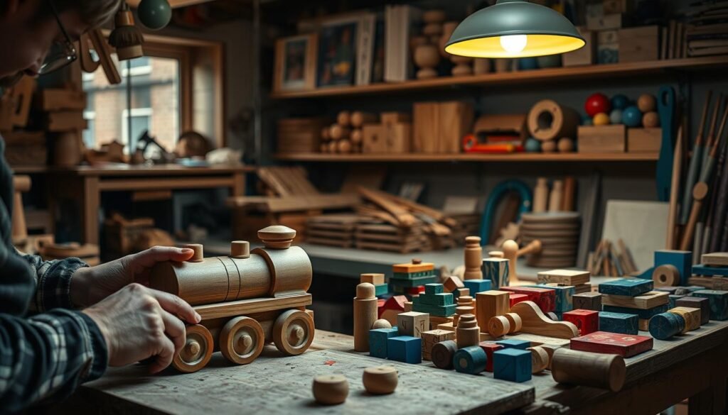 A cozy, dimly lit workshop filled with handcrafted wooden toys. In the foreground, a skilled artisan's hands carefully shaping a wooden train engine, its smooth curves and intricate details coming to life. On a nearby workbench, an assortment of colorful, hand-painted wooden blocks, push toys, and puzzles wait to be packaged as thoughtful, heirloom-quality gifts. The background features shelves lined with an array of unfinished projects, tools, and a warm, glowing lamp casting a soft, inviting light over the scene. The atmosphere exudes a sense of timeless craftsmanship, tradition, and the joy of creating treasured, one-of-a-kind toys for children. A cozy, dimly lit workshop filled with handcrafted wooden toys. In the foreground, a skilled artisan's hands carefully shaping a wooden train engine, its smooth curves and intricate details coming to life. On a nearby workbench, an assortment of colorful, hand-painted wooden blocks, push toys, and puzzles wait to be packaged as thoughtful, heirloom-quality gifts. The background features shelves lined with an array of unfinished projects, tools, and a warm, glowing lamp casting a soft, inviting light over the scene. The atmosphere exudes a sense of timeless craftsmanship, tradition, and the joy of creating treasured, one-of-a-kind toys for children.