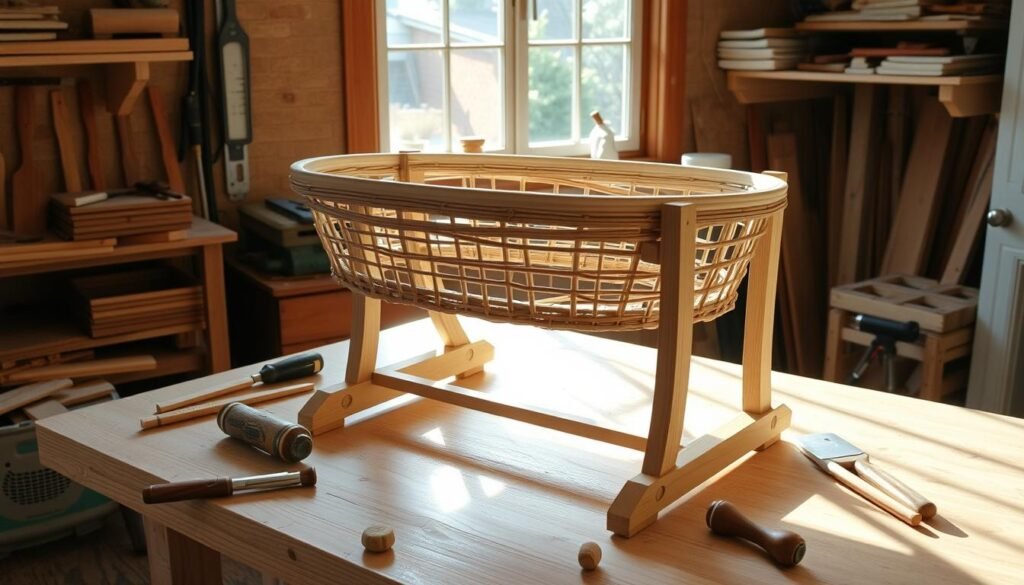 A cozy home workshop with natural light streaming in, a sturdy wooden workbench at the center. On the workbench, a partially assembled DIY Moses basket stand takes shape, its elegant curves and smooth joints gradually coming together. Various woodworking tools are neatly arranged nearby, ready to aid in the construction. The stand's components, meticulously crafted, rest on the surface, awaiting the final touches that will transform them into a solid, functional support for the handwoven Moses basket. The atmosphere is one of focused, precise effort, with a touch of rustic charm that speaks to the handmade nature of the project. A cozy home workshop with natural light streaming in, a sturdy wooden workbench at the center. On the workbench, a partially assembled DIY Moses basket stand takes shape, its elegant curves and smooth joints gradually coming together. Various woodworking tools are neatly arranged nearby, ready to aid in the construction. The stand's components, meticulously crafted, rest on the surface, awaiting the final touches that will transform them into a solid, functional support for the handwoven Moses basket. The atmosphere is one of focused, precise effort, with a touch of rustic charm that speaks to the handmade nature of the project.