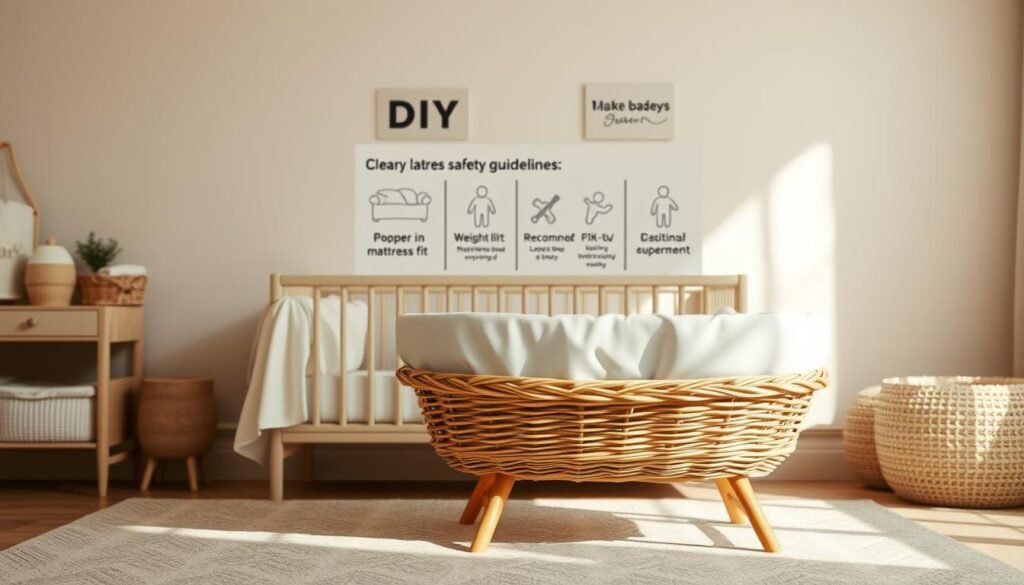 A cozy, well-lit nursery setting with a DIY baby bassinet made of natural woven materials, positioned prominently in the foreground. The bassinet should have a solid, sturdy base and smooth, rounded edges, exuding a sense of safety and comfort. In the middle ground, display clear safety guidelines, such as proper mattress fit, weight limits, and recommended sleep positioning, conveyed through simple, easy-to-understand illustrations. The background should have a calming, neutral color palette with subtle patterns, creating a serene, domestic atmosphere conducive to a newborn's restful environment. Capture the scene with a warm, natural lighting that casts gentle shadows, highlighting the craftsmanship and attention to detail in the DIY bassinet design. A cozy, well-lit nursery setting with a DIY baby bassinet made of natural woven materials, positioned prominently in the foreground. The bassinet should have a solid, sturdy base and smooth, rounded edges, exuding a sense of safety and comfort. In the middle ground, display clear safety guidelines, such as proper mattress fit, weight limits, and recommended sleep positioning, conveyed through simple, easy-to-understand illustrations. The background should have a calming, neutral color palette with subtle patterns, creating a serene, domestic atmosphere conducive to a newborn's restful environment. Capture the scene with a warm, natural lighting that casts gentle shadows, highlighting the craftsmanship and attention to detail in the DIY bassinet design.