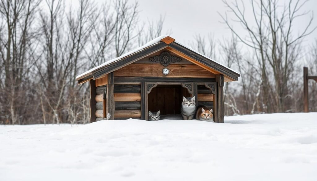 A cozy winter cat shelter nestled in a snowy landscape, designed with the well-being of outdoor and feral felines in mind. In the foreground, a sturdy wooden structure with a slanted roof, its exterior adorned with intricate carvings and weathered textures, creating a rustic charm. The shelter's entrance is positioned to shield against harsh winds, with a small overhang providing additional protection. Inside, soft bedding and insulation keep the cats warm and comfortable. The middle ground features a dusting of pristine white snow, creating a serene and calming atmosphere. In the background, a backdrop of bare trees and a muted, overcast sky sets the mood for a peaceful winter scene, perfectly suited for the task of providing a safe haven for our feline friends. A cozy winter cat shelter nestled in a snowy landscape, designed with the well-being of outdoor and feral felines in mind. In the foreground, a sturdy wooden structure with a slanted roof, its exterior adorned with intricate carvings and weathered textures, creating a rustic charm. The shelter's entrance is positioned to shield against harsh winds, with a small overhang providing additional protection. Inside, soft bedding and insulation keep the cats warm and comfortable. The middle ground features a dusting of pristine white snow, creating a serene and calming atmosphere. In the background, a backdrop of bare trees and a muted, overcast sky sets the mood for a peaceful winter scene, perfectly suited for the task of providing a safe haven for our feline friends.
