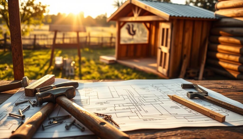 A detailed set of architectural blueprints and construction schematics for a rustic, wooden chicken coop shed. The foreground prominently displays neatly arranged tools and building materials - hammers, nails, wooden planks, and corrugated metal sheets. The middle ground features a technical diagram with precise measurements and construction steps. In the background, a serene, sun-dappled yard sets the tranquil, pastoral atmosphere. Warm, natural lighting casts long shadows, evoking the peaceful ambiance of a countryside workshop. The overall composition conveys a sense of thoughtful planning and practical know-how for a DIY chicken coop project. A detailed set of architectural blueprints and construction schematics for a rustic, wooden chicken coop shed. The foreground prominently displays neatly arranged tools and building materials - hammers, nails, wooden planks, and corrugated metal sheets. The middle ground features a technical diagram with precise measurements and construction steps. In the background, a serene, sun-dappled yard sets the tranquil, pastoral atmosphere. Warm, natural lighting casts long shadows, evoking the peaceful ambiance of a countryside workshop. The overall composition conveys a sense of thoughtful planning and practical know-how for a DIY chicken coop project.
