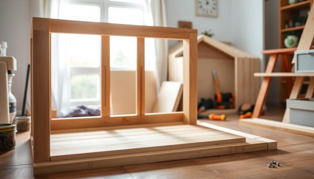 A detailed step-by-step guide for building a cozy cat shelter. A wooden frame in the foreground, with carefully measured and sanded planks. Midground shows the assembly process, screws and tools neatly arranged. In the background, a soothing domestic scene with natural lighting filtering through a window, hinting at the shelter's future peaceful setting. Soft, muted tones evoke a sense of tranquility, while the clean, precise construction conveys a practical, instructional tone. The overall composition guides the viewer through the DIY process, inviting them to envision creating a haven for their feline companions. A detailed step-by-step guide for building a cozy cat shelter. A wooden frame in the foreground, with carefully measured and sanded planks. Midground shows the assembly process, screws and tools neatly arranged. In the background, a soothing domestic scene with natural lighting filtering through a window, hinting at the shelter's future peaceful setting. Soft, muted tones evoke a sense of tranquility, while the clean, precise construction conveys a practical, instructional tone. The overall composition guides the viewer through the DIY process, inviting them to envision creating a haven for their feline companions.