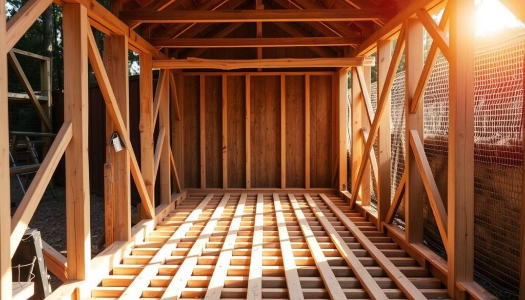 A detailed, wooden frame structure stands in the foreground, its sturdy beams and cross-bracing forming the foundation for a DIY chicken coop shed. The middle ground reveals a carefully constructed, slatted floor, designed to allow for easy cleaning and ventilation. In the background, the scene is bathed in warm, natural lighting, highlighting the rustic, hand-crafted aesthetic of the project. The overall atmosphere conveys a sense of precision, functionality, and the pride of a self-made endeavor, perfectly capturing the essence of the "Building Your DIY Chicken Coop Shed: Step-by-Step Process" section. A detailed, wooden frame structure stands in the foreground, its sturdy beams and cross-bracing forming the foundation for a DIY chicken coop shed. The middle ground reveals a carefully constructed, slatted floor, designed to allow for easy cleaning and ventilation. In the background, the scene is bathed in warm, natural lighting, highlighting the rustic, hand-crafted aesthetic of the project. The overall atmosphere conveys a sense of precision, functionality, and the pride of a self-made endeavor, perfectly capturing the essence of the "Building Your DIY Chicken Coop Shed: Step-by-Step Process" section.