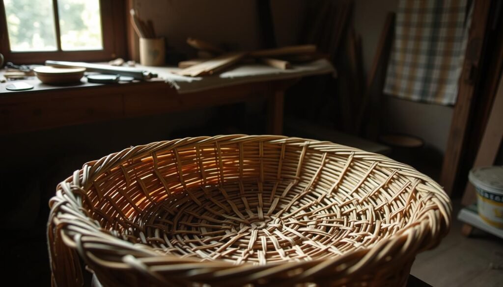 A dimly lit workshop, natural light filtering through a nearby window, casting a warm glow on a wooden workbench. In the foreground, a tightly woven pattern of natural fibers takes shape, the intricate base of a Moses basket being carefully crafted. Skilled hands deftly weave the reeds, creating a sturdy and functional foundation. The texture of the materials is tactile and inviting, hinting at the warmth and coziness the finished basket will provide. The scene exudes a sense of tranquility and thoughtful, methodical work, reflecting the care and attention to detail required to construct this timeless piece of functional art. A dimly lit workshop, natural light filtering through a nearby window, casting a warm glow on a wooden workbench. In the foreground, a tightly woven pattern of natural fibers takes shape, the intricate base of a Moses basket being carefully crafted. Skilled hands deftly weave the reeds, creating a sturdy and functional foundation. The texture of the materials is tactile and inviting, hinting at the warmth and coziness the finished basket will provide. The scene exudes a sense of tranquility and thoughtful, methodical work, reflecting the care and attention to detail required to construct this timeless piece of functional art.