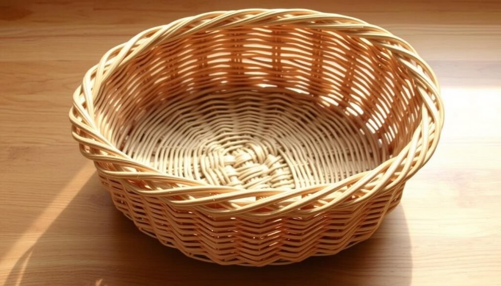 A finely crafted, natural-looking woven rim encircling a Moses basket, showcasing the intricate technique of basket-weaving. The rim is made of supple, golden-hued rattan, its elegant curves casting soft shadows under warm, directional lighting. The weave pattern is intricate yet harmonious, with each strand precisely placed to create a sturdy, visually appealing structure. The basket rests on a smooth, wooden surface, allowing the delicate details of the rim to be highlighted. The overall composition evokes a sense of rustic charm and handcrafted elegance, perfectly suited to illustrate the "Building the Basket Sides and Rim" section of the DIY Moses Basket guide. A finely crafted, natural-looking woven rim encircling a Moses basket, showcasing the intricate technique of basket-weaving. The rim is made of supple, golden-hued rattan, its elegant curves casting soft shadows under warm, directional lighting. The weave pattern is intricate yet harmonious, with each strand precisely placed to create a sturdy, visually appealing structure. The basket rests on a smooth, wooden surface, allowing the delicate details of the rim to be highlighted. The overall composition evokes a sense of rustic charm and handcrafted elegance, perfectly suited to illustrate the "Building the Basket Sides and Rim" section of the DIY Moses Basket guide.