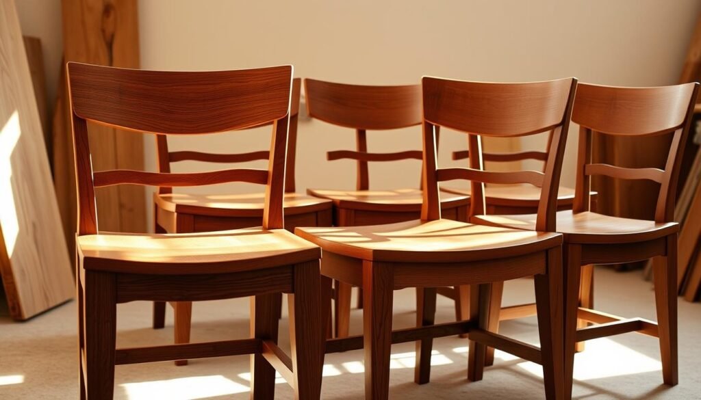 A finely crafted set of custom woodworking chairs, their smooth contours and natural grain standing in contrast to a warm, softly-lit studio setting. The chairs' seat foundations are sturdy, hand-carved panels of rich, honey-toned wood, their surfaces meticulously sanded and finished to a silky sheen. Soft pools of light highlight the intricate joinery and careful attention to detail, conveying a sense of timeless elegance and the proud workmanship of the craftsman. The chairs are positioned in a thoughtful, visually-balanced arrangement, inviting the viewer to imagine them as the centerpiece of a cozy, rustic dining space. A finely crafted set of custom woodworking chairs, their smooth contours and natural grain standing in contrast to a warm, softly-lit studio setting. The chairs' seat foundations are sturdy, hand-carved panels of rich, honey-toned wood, their surfaces meticulously sanded and finished to a silky sheen. Soft pools of light highlight the intricate joinery and careful attention to detail, conveying a sense of timeless elegance and the proud workmanship of the craftsman. The chairs are positioned in a thoughtful, visually-balanced arrangement, inviting the viewer to imagine them as the centerpiece of a cozy, rustic dining space.