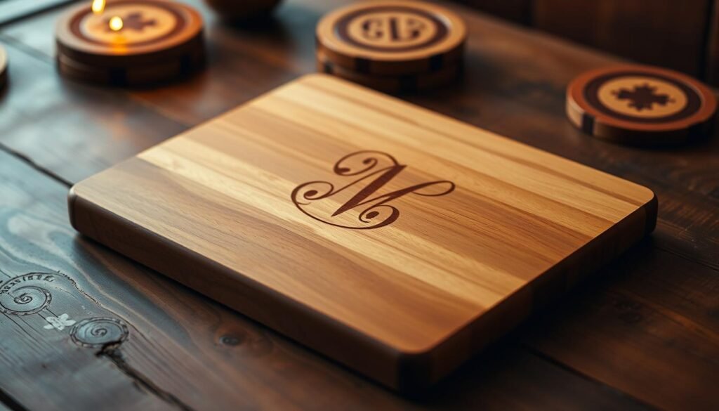 A finely crafted wooden cutting board, its surface engraved with an elegant family monogram, rests on a rustic wooden table. Warm, focused lighting casts a soft, inviting glow, highlighting the intricate, hand-carved details and the rich, natural grain of the wood. In the background, additional personalized wooden gifts - perhaps a trivet or a set of coasters - can be seen, each bearing the unique markings of their creation. The overall scene evokes a sense of craftsmanship, tradition, and the thoughtful, personal touch that makes these handmade holiday treasures so special. A finely crafted wooden cutting board, its surface engraved with an elegant family monogram, rests on a rustic wooden table. Warm, focused lighting casts a soft, inviting glow, highlighting the intricate, hand-carved details and the rich, natural grain of the wood. In the background, additional personalized wooden gifts - perhaps a trivet or a set of coasters - can be seen, each bearing the unique markings of their creation. The overall scene evokes a sense of craftsmanship, tradition, and the thoughtful, personal touch that makes these handmade holiday treasures so special.