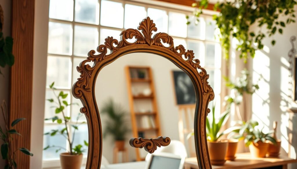 A finely crafted woodworking mirror, its intricate frame a testament to the artisan's skill. Delicate floral carvings adorn the edges, casting captivating shadows across the glass surface. Warm, diffused lighting illuminates the design, highlighting the natural grain and hues of the wood. The mirror is positioned in a sun-dappled studio, the backdrop a tranquil scene of potted plants and soft, neutral tones. This handmade piece exudes a sense of timeless elegance, seamlessly blending form and function to elevate the décor. A finely crafted woodworking mirror, its intricate frame a testament to the artisan's skill. Delicate floral carvings adorn the edges, casting captivating shadows across the glass surface. Warm, diffused lighting illuminates the design, highlighting the natural grain and hues of the wood. The mirror is positioned in a sun-dappled studio, the backdrop a tranquil scene of potted plants and soft, neutral tones. This handmade piece exudes a sense of timeless elegance, seamlessly blending form and function to elevate the décor.