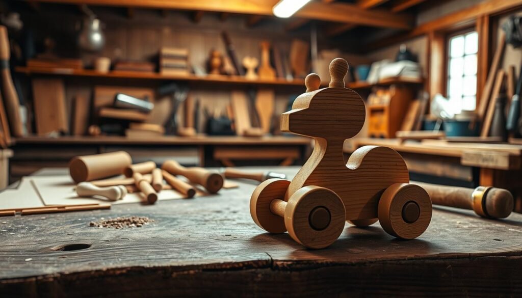 A handcrafted wooden toy rests on a rustic workbench, its intricate details illuminated by warm, natural lighting. The foreground features the toy's smooth, sanded surfaces and whimsical design, hinting at the care and craftsmanship involved in its creation. In the middle ground, various woodworking tools and materials, such as sandpaper, chisels, and a mallet, suggest the step-by-step process of making the toy. The background showcases a cozy, well-equipped workshop, with wooden beams, shelves, and a subtle, inviting atmosphere, capturing the essence of a homemade, artisanal approach to woodworking. A handcrafted wooden toy rests on a rustic workbench, its intricate details illuminated by warm, natural lighting. The foreground features the toy's smooth, sanded surfaces and whimsical design, hinting at the care and craftsmanship involved in its creation. In the middle ground, various woodworking tools and materials, such as sandpaper, chisels, and a mallet, suggest the step-by-step process of making the toy. The background showcases a cozy, well-equipped workshop, with wooden beams, shelves, and a subtle, inviting atmosphere, capturing the essence of a homemade, artisanal approach to woodworking.