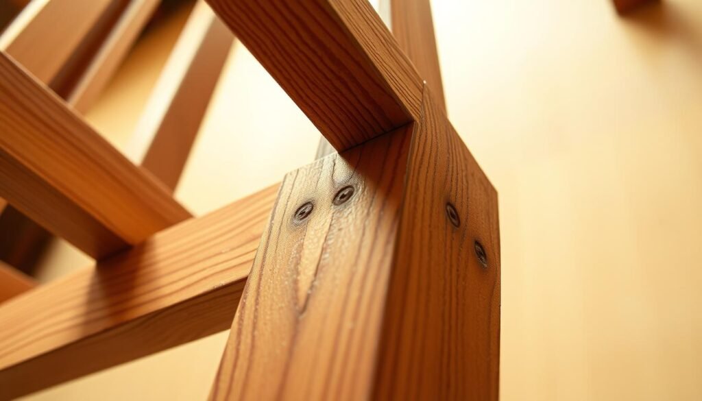 A highly detailed, hyper-realistic close-up view of a wooden chair joint, showcasing the intricate craftsmanship and joinery techniques. The frame is constructed using mortise and tenon joints, with the mortises precisely carved into the chair legs and the corresponding tenons perfectly fitted. The grain of the wood is exquisitely rendered, highlighting the natural beauty and texture. Soft, warm lighting from above casts subtle shadows, accentuating the dimensional quality of the joint. The camera angle is low, emphasizing the craftsmanship and drawing the viewer's attention to the technical mastery required for this crucial aspect of chair construction. The overall mood is one of reverence for the skill and artistry of traditional woodworking. A highly detailed, hyper-realistic close-up view of a wooden chair joint, showcasing the intricate craftsmanship and joinery techniques. The frame is constructed using mortise and tenon joints, with the mortises precisely carved into the chair legs and the corresponding tenons perfectly fitted. The grain of the wood is exquisitely rendered, highlighting the natural beauty and texture. Soft, warm lighting from above casts subtle shadows, accentuating the dimensional quality of the joint. The camera angle is low, emphasizing the craftsmanship and drawing the viewer's attention to the technical mastery required for this crucial aspect of chair construction. The overall mood is one of reverence for the skill and artistry of traditional woodworking.
