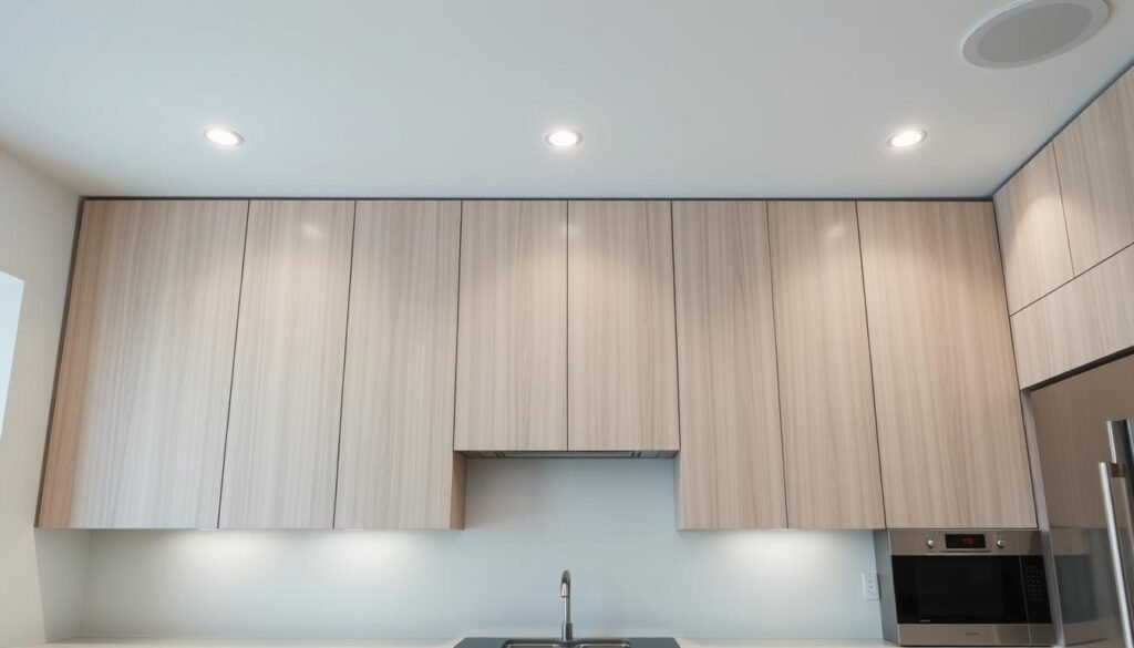 A minimalist, frameless kitchen cabinet design with sleek, slab-style doors in a light wood grain finish. The cabinets are installed flush against the walls, creating a seamless, contemporary look. Soft, diffused lighting from recessed ceiling fixtures illuminates the clean, uninterrupted surfaces. The layout features a mix of open shelving and closed storage, allowing for both display and concealment. The overall atmosphere is one of understated elegance and streamlined efficiency, perfectly suited for a modern, open-concept kitchen. A minimalist, frameless kitchen cabinet design with sleek, slab-style doors in a light wood grain finish. The cabinets are installed flush against the walls, creating a seamless, contemporary look. Soft, diffused lighting from recessed ceiling fixtures illuminates the clean, uninterrupted surfaces. The layout features a mix of open shelving and closed storage, allowing for both display and concealment. The overall atmosphere is one of understated elegance and streamlined efficiency, perfectly suited for a modern, open-concept kitchen.