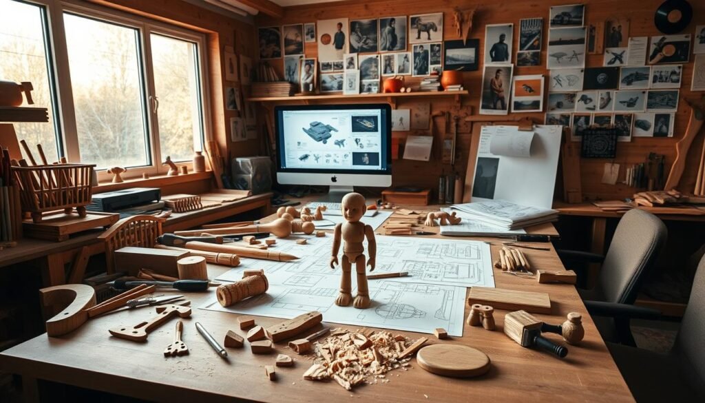 A neatly organized workbench, various woodworking tools meticulously arranged, design sketches and blueprints spread out, creating a visually engaging scene of the design process. Warm, natural lighting from a large window casts soft shadows, highlighting the intricate grain patterns of the wooden materials. In the foreground, a partially assembled toy figure stands, surrounded by hand-carved pieces and shavings, hinting at the creative journey. The middle ground features a computer screen displaying 3D models and CAD drawings, while the background showcases a wall adorned with inspirational mood boards and reference images. An atmosphere of focus, exploration, and craftsmanship permeates the scene, inviting the viewer to immerse themselves in the thoughtful design of unique woodworking toys. A neatly organized workbench, various woodworking tools meticulously arranged, design sketches and blueprints spread out, creating a visually engaging scene of the design process. Warm, natural lighting from a large window casts soft shadows, highlighting the intricate grain patterns of the wooden materials. In the foreground, a partially assembled toy figure stands, surrounded by hand-carved pieces and shavings, hinting at the creative journey. The middle ground features a computer screen displaying 3D models and CAD drawings, while the background showcases a wall adorned with inspirational mood boards and reference images. An atmosphere of focus, exploration, and craftsmanship permeates the scene, inviting the viewer to immerse themselves in the thoughtful design of unique woodworking toys.
