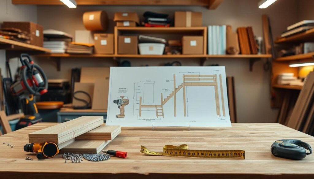 A neatly organized workshop interior, with a well-lit wooden workbench in the foreground. On the bench, an array of building materials - wooden boards, screws, power tools, and a tape measure. In the middle ground, a detailed schematic diagram of a staircase loft bed, showcasing its construction and design. The background features shelves stocked with additional supplies and materials, casting a warm, inviting glow. The overall scene conveys a sense of DIY expertise and a thoughtful, methodical approach to the project at hand. A neatly organized workshop interior, with a well-lit wooden workbench in the foreground. On the bench, an array of building materials - wooden boards, screws, power tools, and a tape measure. In the middle ground, a detailed schematic diagram of a staircase loft bed, showcasing its construction and design. The background features shelves stocked with additional supplies and materials, casting a warm, inviting glow. The overall scene conveys a sense of DIY expertise and a thoughtful, methodical approach to the project at hand.