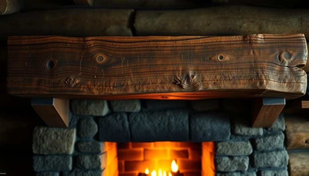 A rustic, hand-hewn wooden mantel with a rugged, weathered texture, set against a backdrop of a cozy, dimly lit room. The mantel features natural knots, grains, and imperfections, conveying a sense of character and history. Warm, soft lighting emanates from a fireplace below, casting a gentle glow and creating a inviting, cabin-like atmosphere. The mantel is positioned in the middle ground, flanked by shadowy walls and subtle textures in the background, drawing the viewer's attention to the focal point. The overall composition evokes a sense of warmth, comfort, and a connection to nature. A rustic, hand-hewn wooden mantel with a rugged, weathered texture, set against a backdrop of a cozy, dimly lit room. The mantel features natural knots, grains, and imperfections, conveying a sense of character and history. Warm, soft lighting emanates from a fireplace below, casting a gentle glow and creating a inviting, cabin-like atmosphere. The mantel is positioned in the middle ground, flanked by shadowy walls and subtle textures in the background, drawing the viewer's attention to the focal point. The overall composition evokes a sense of warmth, comfort, and a connection to nature.