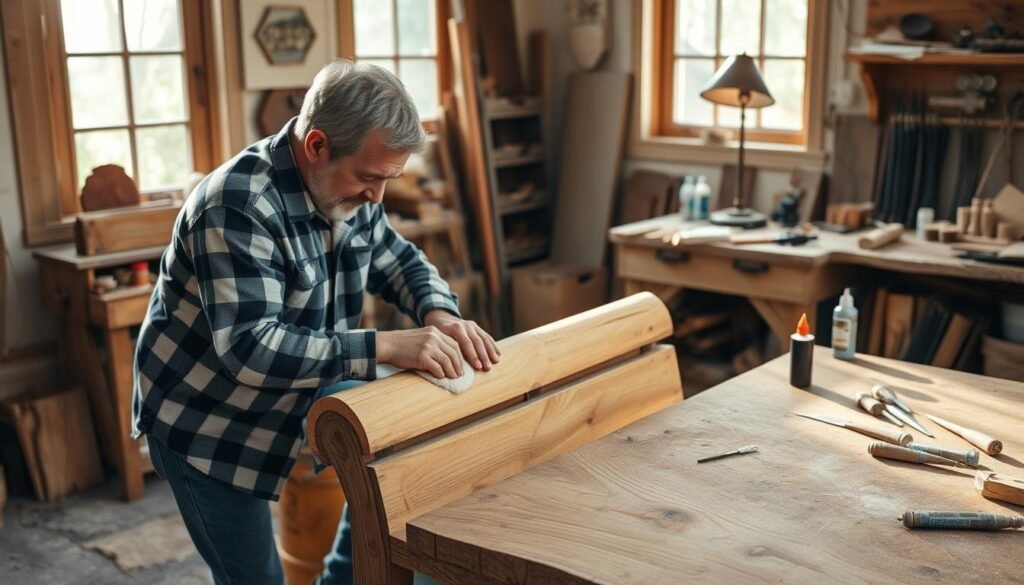 A rustic, handmade wooden bench sits in a cozy, sun-dappled studio. The craftsperson, dressed in a flannel shirt and jeans, carefully sands the surface, revealing the natural grain of the wood. On a nearby workbench, an assortment of carving tools, paints, and stains await, hinting at the personalized touches they will add. The room is filled with the scent of freshly cut timber and the warm glow of a vintage lamp, creating an atmosphere of thoughtful craftsmanship. The camera captures the process from a slightly elevated angle, showcasing the intricate details and the artisan's focused expression as they customize the bench to their unique vision. A rustic, handmade wooden bench sits in a cozy, sun-dappled studio. The craftsperson, dressed in a flannel shirt and jeans, carefully sands the surface, revealing the natural grain of the wood. On a nearby workbench, an assortment of carving tools, paints, and stains await, hinting at the personalized touches they will add. The room is filled with the scent of freshly cut timber and the warm glow of a vintage lamp, creating an atmosphere of thoughtful craftsmanship. The camera captures the process from a slightly elevated angle, showcasing the intricate details and the artisan's focused expression as they customize the bench to their unique vision.