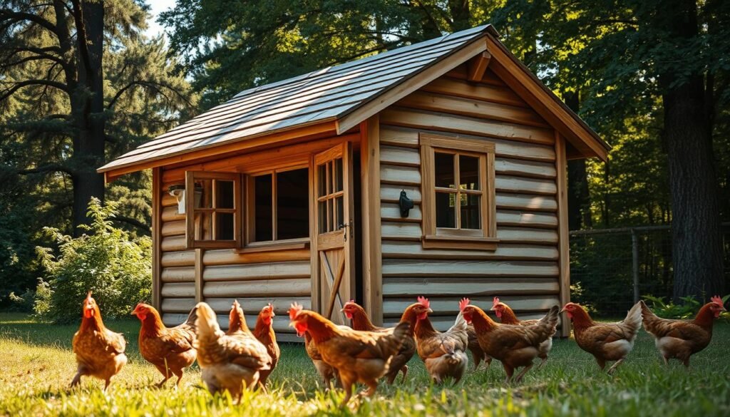 A rustic, wooden chicken coop nestled in a lush, verdant backyard. The structure features a slanted, shingled roof, complemented by weathered, horizontal siding panels. Sunlight filters through the open windows, casting warm, golden hues across the scene. In the foreground, a group of curious chickens peck at the ground, their feathers glistening in the natural light. The coop is situated against a backdrop of towering trees, creating a tranquil, pastoral atmosphere. The overall design exudes a sense of homemade charm and functionality, perfectly capturing the essence of a DIY chicken coop shed. A rustic, wooden chicken coop nestled in a lush, verdant backyard. The structure features a slanted, shingled roof, complemented by weathered, horizontal siding panels. Sunlight filters through the open windows, casting warm, golden hues across the scene. In the foreground, a group of curious chickens peck at the ground, their feathers glistening in the natural light. The coop is situated against a backdrop of towering trees, creating a tranquil, pastoral atmosphere. The overall design exudes a sense of homemade charm and functionality, perfectly capturing the essence of a DIY chicken coop shed.