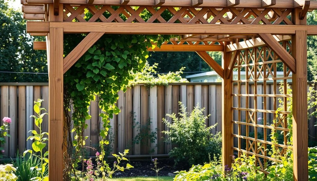 A rustic wooden garden trellis stands in a sunlit backyard. The structure features intricate lattice-work, with natural-grain timber beams and cross-members forming a sturdy, elegant frame. Lush, climbing vines wind through the openings, adding a touch of verdant charm. The trellis is positioned amidst a well-tended garden, surrounded by flourishing flowers and vegetables. Soft, diffused lighting filters through, casting gentle shadows and highlights that accentuate the organic texture of the wood. The overall scene conveys a sense of tranquility and the beauty of harmonious garden design. A rustic wooden garden trellis stands in a sunlit backyard. The structure features intricate lattice-work, with natural-grain timber beams and cross-members forming a sturdy, elegant frame. Lush, climbing vines wind through the openings, adding a touch of verdant charm. The trellis is positioned amidst a well-tended garden, surrounded by flourishing flowers and vegetables. Soft, diffused lighting filters through, casting gentle shadows and highlights that accentuate the organic texture of the wood. The overall scene conveys a sense of tranquility and the beauty of harmonious garden design.