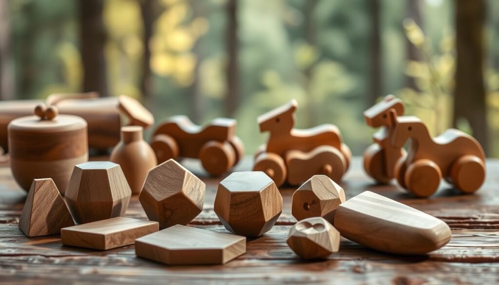 A serene, natural-lit scene of eco-friendly wooden toys arranged on a rustic wooden surface. In the foreground, a set of handcrafted geometric shapes, smooth and tactile, in muted earth tones. In the middle ground, a collection of whimsical, animal-inspired pull-toys, their simple yet charming designs highlighting the inherent beauty of the wood grain. The background features a softly blurred forest backdrop, hinting at the sustainable origins of these mindfully crafted playthings. Warm, diffused lighting casts a gentle glow, emphasizing the organic textures and tones. The overall mood is one of understated elegance, inviting the viewer to appreciate the craftsmanship and environmental consciousness behind these unique woodworking toys. A serene, natural-lit scene of eco-friendly wooden toys arranged on a rustic wooden surface. In the foreground, a set of handcrafted geometric shapes, smooth and tactile, in muted earth tones. In the middle ground, a collection of whimsical, animal-inspired pull-toys, their simple yet charming designs highlighting the inherent beauty of the wood grain. The background features a softly blurred forest backdrop, hinting at the sustainable origins of these mindfully crafted playthings. Warm, diffused lighting casts a gentle glow, emphasizing the organic textures and tones. The overall mood is one of understated elegance, inviting the viewer to appreciate the craftsmanship and environmental consciousness behind these unique woodworking toys.