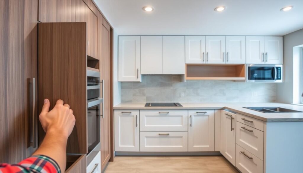A sleek, modern kitchen with Woodsoulcraft custom cabinets being expertly installed. The foreground shows skilled hands precisely aligning the cabinet doors and drawers, while the middle ground features the cabinet frames being securely mounted to the wall. The background reveals a spacious, well-lit kitchen space with neutral-toned tiles and countertops, creating a harmonious and inviting atmosphere. The scene is captured with a wide-angle lens, emphasizing the careful attention to detail and the seamless integration of the new Woodsoulcraft cabinetry. A sleek, modern kitchen with Woodsoulcraft custom cabinets being expertly installed. The foreground shows skilled hands precisely aligning the cabinet doors and drawers, while the middle ground features the cabinet frames being securely mounted to the wall. The background reveals a spacious, well-lit kitchen space with neutral-toned tiles and countertops, creating a harmonious and inviting atmosphere. The scene is captured with a wide-angle lens, emphasizing the careful attention to detail and the seamless integration of the new Woodsoulcraft cabinetry.