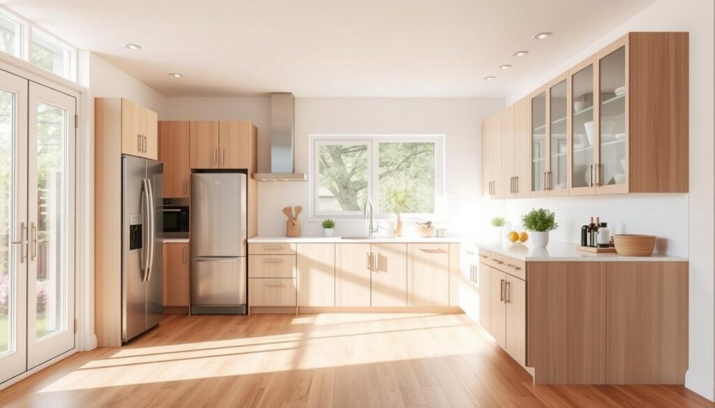 A spacious, well-organized kitchen with budget-friendly, minimalist cabinetry. The cabinets have a sleek, frameless design in a neutral tone, complementing the natural light streaming through large windows. The kitchen countertops are made of durable, cost-effective laminate material, and the flooring is a simple, inexpensive hardwood-like vinyl. The overall atmosphere is bright, airy, and inviting, showcasing how thoughtful design choices can create a stylish, functional kitchen on a budget. A spacious, well-organized kitchen with budget-friendly, minimalist cabinetry. The cabinets have a sleek, frameless design in a neutral tone, complementing the natural light streaming through large windows. The kitchen countertops are made of durable, cost-effective laminate material, and the flooring is a simple, inexpensive hardwood-like vinyl. The overall atmosphere is bright, airy, and inviting, showcasing how thoughtful design choices can create a stylish, functional kitchen on a budget.