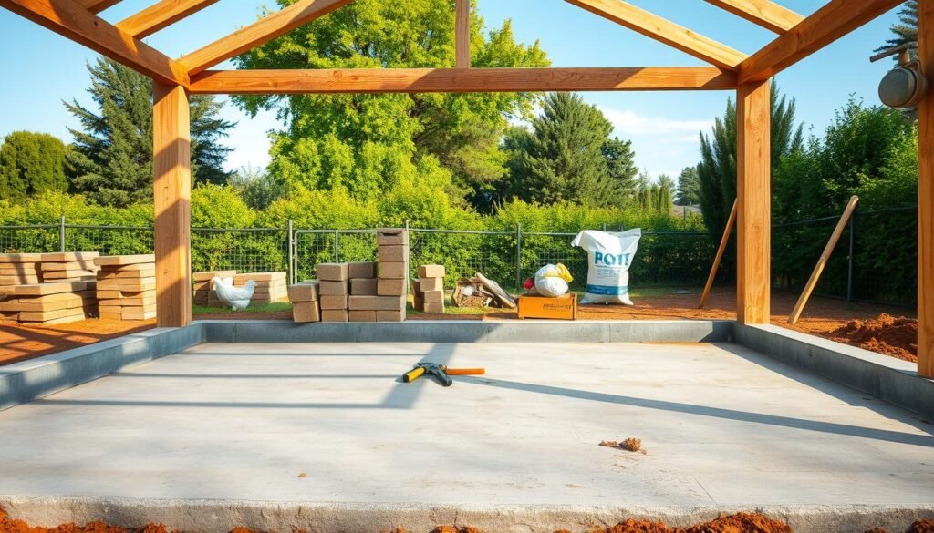 A sturdy, well-constructed DIY chicken coop shed foundation, with a solid concrete base and reinforced support beams. The foreground shows the foundation's smooth, level surface, ready to host the coop's wooden frame. In the middle ground, stacks of concrete blocks, bags of cement, and construction tools suggest a work-in-progress. The background features a lush, verdant backyard setting, with tall trees and a clear blue sky, creating a serene, countryside atmosphere. Warm, natural lighting casts gentle shadows, emphasizing the foundation's sturdiness and attention to detail. The overall scene conveys a sense of diligence, preparation, and the foundations for a successful, long-lasting chicken coop. A sturdy, well-constructed DIY chicken coop shed foundation, with a solid concrete base and reinforced support beams. The foreground shows the foundation's smooth, level surface, ready to host the coop's wooden frame. In the middle ground, stacks of concrete blocks, bags of cement, and construction tools suggest a work-in-progress. The background features a lush, verdant backyard setting, with tall trees and a clear blue sky, creating a serene, countryside atmosphere. Warm, natural lighting casts gentle shadows, emphasizing the foundation's sturdiness and attention to detail. The overall scene conveys a sense of diligence, preparation, and the foundations for a successful, long-lasting chicken coop.
