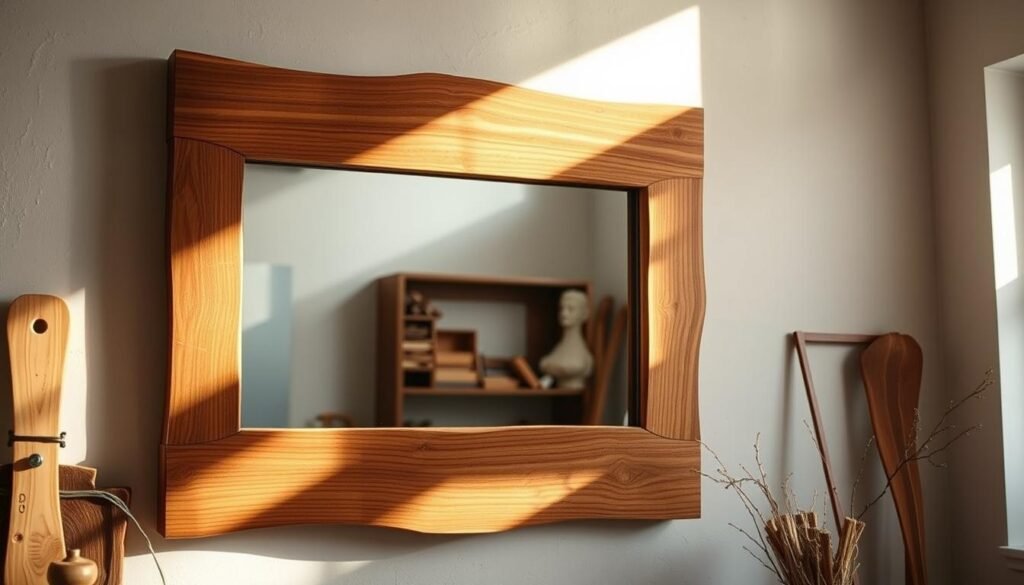 A well-crafted, rustic wooden mirror installation, featuring a handmade frame with intricate woodgrain patterns. The mirror is mounted securely on the wall, illuminated by soft, natural lighting that casts warm shadows. The installation is situated in a cozy, minimalist interior setting, allowing the craftsmanship and materiality to take center stage. The overall composition emphasizes the process of careful, skilled woodworking and the timeless beauty of a handmade home accent piece. A well-crafted, rustic wooden mirror installation, featuring a handmade frame with intricate woodgrain patterns. The mirror is mounted securely on the wall, illuminated by soft, natural lighting that casts warm shadows. The installation is situated in a cozy, minimalist interior setting, allowing the craftsmanship and materiality to take center stage. The overall composition emphasizes the process of careful, skilled woodworking and the timeless beauty of a handmade home accent piece.