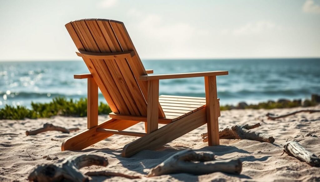 A well-crafted wooden beach chair stands in a sun-dappled coastal scene, its smooth planks and sturdy frame inviting relaxation. The chair's backrest and seat are thoughtfully assembled, their clean lines and natural textures complementing the weathered driftwood scattered along the sandy foreground. Soft, diffused lighting illuminates the scene, casting warm shadows that accentuate the chair's tactile details. In the middle ground, a subtle backdrop of lush greenery and a glimpse of the serene ocean horizon create a tranquil, restorative atmosphere, perfect for enjoying the simple pleasures of a DIY outdoor oasis. A well-crafted wooden beach chair stands in a sun-dappled coastal scene, its smooth planks and sturdy frame inviting relaxation. The chair's backrest and seat are thoughtfully assembled, their clean lines and natural textures complementing the weathered driftwood scattered along the sandy foreground. Soft, diffused lighting illuminates the scene, casting warm shadows that accentuate the chair's tactile details. In the middle ground, a subtle backdrop of lush greenery and a glimpse of the serene ocean horizon create a tranquil, restorative atmosphere, perfect for enjoying the simple pleasures of a DIY outdoor oasis.