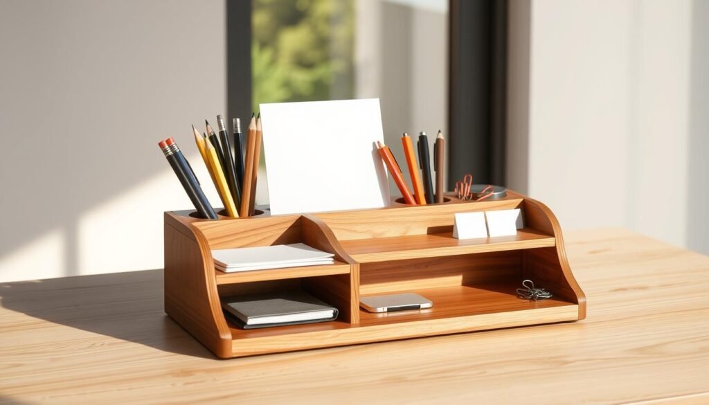A well-crafted wooden desk organizer with sleek, modern design sits on a minimalist, light-toned wood surface. The organizer features neatly arranged compartments, shelves, and dividers, perfectly tailored to hold pens, pencils, paper clips, and other office supplies. Soft, natural lighting from a window casts a warm glow, highlighting the rich wood grain and creating a cozy, productive atmosphere. The overall composition exudes a sense of organization, practicality, and personalized style, ideal for a home office or study space. A well-crafted wooden desk organizer with sleek, modern design sits on a minimalist, light-toned wood surface. The organizer features neatly arranged compartments, shelves, and dividers, perfectly tailored to hold pens, pencils, paper clips, and other office supplies. Soft, natural lighting from a window casts a warm glow, highlighting the rich wood grain and creating a cozy, productive atmosphere. The overall composition exudes a sense of organization, practicality, and personalized style, ideal for a home office or study space.