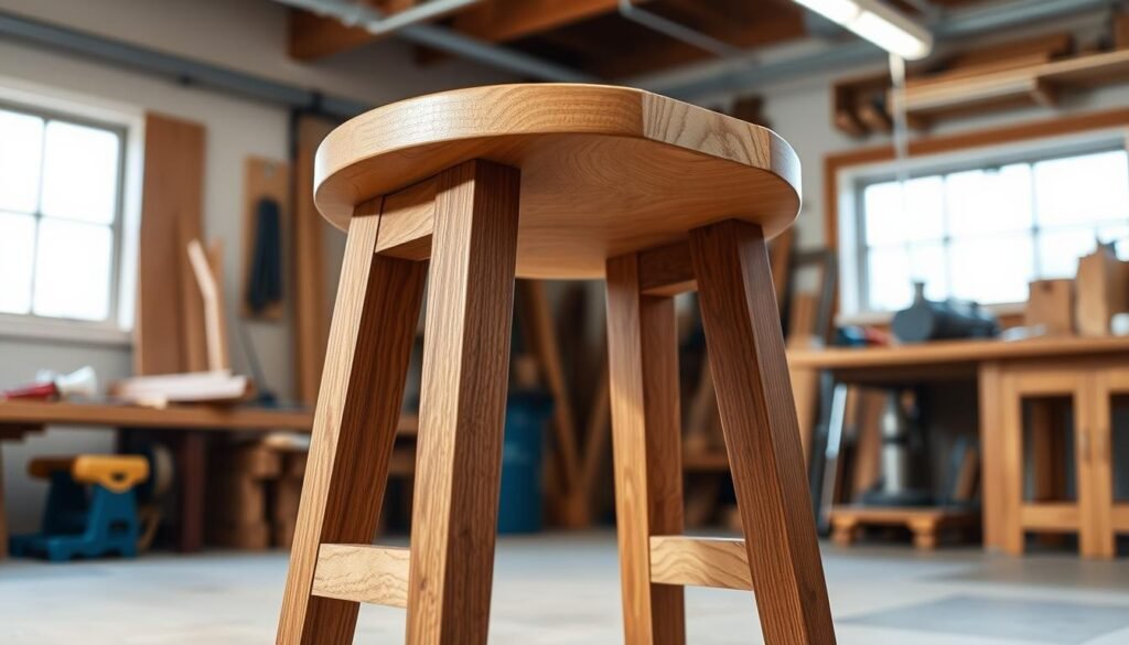 A well-crafted woodworking stool, standing sturdy and inviting in a well-lit workshop. The stool's frame, fashioned from rich, grainy oak, features clean lines and a classic silhouette. Mortise-and-tenon joints connect the sturdy legs to the seat, a slab of smooth, honey-toned maple. The seat's gently curved surface, sanded to a silky finish, promises comfortable support. Subtle details, like the tapered legs and the slight flare of the seat's edges, lend an air of refined craftsmanship. Soft shadows cast by a diffused, overhead light create depth and dimensionality, highlighting the stool's elegant form. The workshop's utilitarian backdrop, with its workbench and tools, reinforces the stool's practical purpose as a versatile seating solution for the modern maker's space.