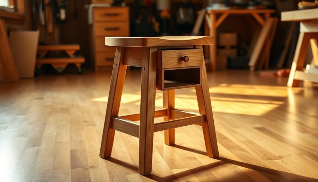 A well-crafted woodworking stool with a built-in storage compartment, standing on a polished hardwood floor in a cozy, well-lit workshop. The stool's design features a sturdy, tapered oak frame, a comfortable saddle-shaped seat, and a discreetly integrated drawer for storing small tools and supplies. Warm, directional lighting from overhead creates a blend of shadows and highlights, emphasizing the natural grain and texture of the wood. The overall scene exudes a sense of functionality, craftsmanship, and attention to detail, perfectly capturing the essence of a versatile, customizable workshop accessory.