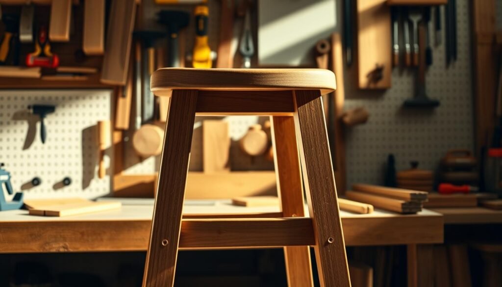 A well-crafted workshop stool with a sturdy wooden frame and a comfortable, contoured seat. The stool is positioned on a clean, organized workbench against a backdrop of various woodworking tools and materials, bathed in warm, directional lighting that casts dramatic shadows. The scene conveys a sense of functionality, craftsmanship, and the satisfaction of DIY projects. The stool's design features clean lines, attention to detail, and a timeless aesthetic that would complement any workshop or home environment.