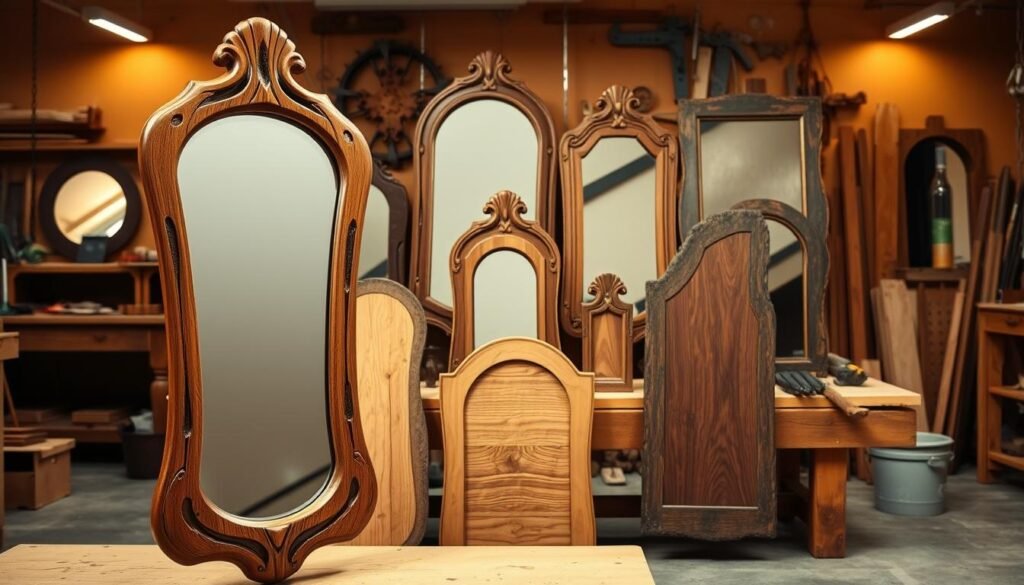A well-lit, artfully arranged woodworking mirror display, showcasing a variety of elegant, handcrafted mirror designs. In the foreground, a rustic, wooden-framed mirror with a unique, organic silhouette stands prominently. In the middle ground, several additional mirror pieces are arranged on a sturdy, wooden workbench, each exhibiting distinct woodworking techniques and finishes, such as intricate carved patterns, smooth lacquered surfaces, and weathered, distressed frames. The background features a softly-lit, warm-toned workshop setting, with tools and materials subtly visible, creating a sense of craftsmanship and attention to detail. The overall composition highlights the diverse mounting options and design possibilities for a handcrafted woodworking mirror. A well-lit, artfully arranged woodworking mirror display, showcasing a variety of elegant, handcrafted mirror designs. In the foreground, a rustic, wooden-framed mirror with a unique, organic silhouette stands prominently. In the middle ground, several additional mirror pieces are arranged on a sturdy, wooden workbench, each exhibiting distinct woodworking techniques and finishes, such as intricate carved patterns, smooth lacquered surfaces, and weathered, distressed frames. The background features a softly-lit, warm-toned workshop setting, with tools and materials subtly visible, creating a sense of craftsmanship and attention to detail. The overall composition highlights the diverse mounting options and design possibilities for a handcrafted woodworking mirror.
