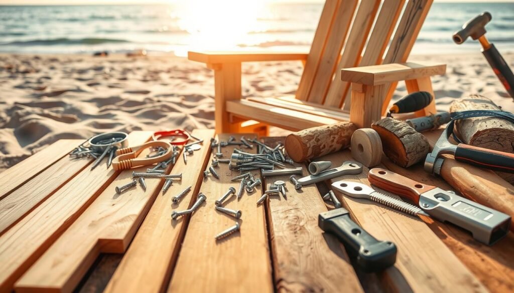 A well-lit, close-up composition showcasing the essential materials for constructing a wooden beach chair. In the foreground, arrange a variety of natural wood grains, including smooth sanded planks, rugged weathered boards, and knot-textured logs. Scatter various fasteners like stainless steel screws, galvanized nails, and marine-grade hardware across the scene. In the middle ground, position tools like sandpaper, chisels, hammers, and power saws to evoke the DIY process. In the background, create a softly blurred seascape with a tranquil ocean and a sun-dappled sandy beach, hinting at the chair's intended environment. A well-lit, close-up composition showcasing the essential materials for constructing a wooden beach chair. In the foreground, arrange a variety of natural wood grains, including smooth sanded planks, rugged weathered boards, and knot-textured logs. Scatter various fasteners like stainless steel screws, galvanized nails, and marine-grade hardware across the scene. In the middle ground, position tools like sandpaper, chisels, hammers, and power saws to evoke the DIY process. In the background, create a softly blurred seascape with a tranquil ocean and a sun-dappled sandy beach, hinting at the chair's intended environment.