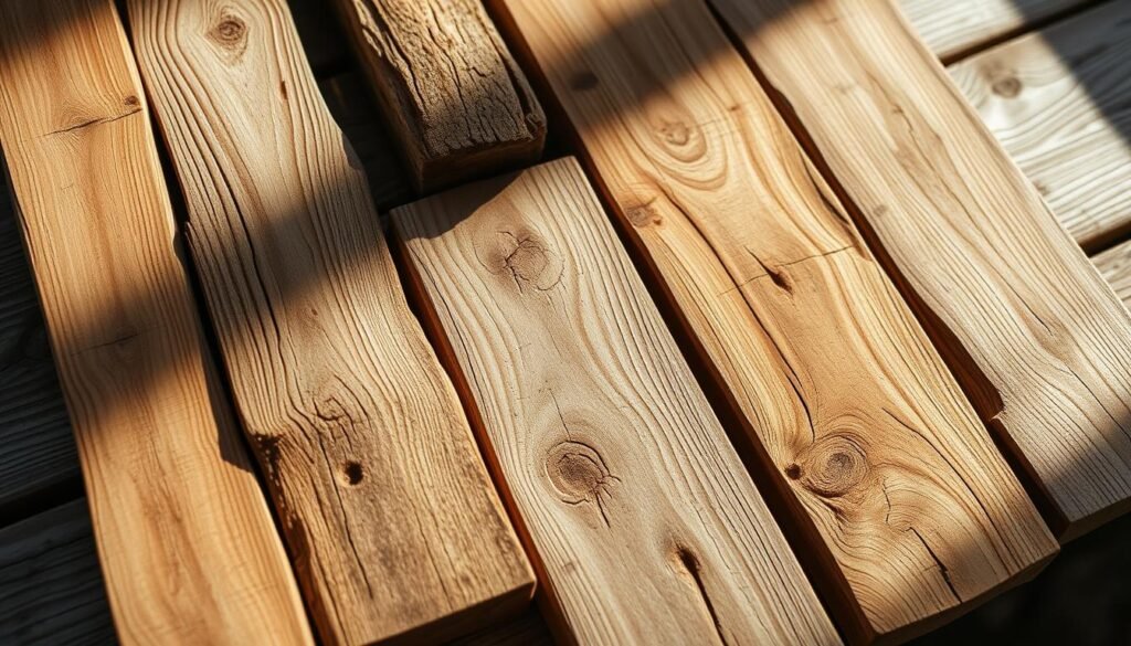 A well-lit, close-up shot of an assortment of rustic wooden planks and boards in various shades of brown, with distinct grains, knots, and imperfections. The boards are arranged on a weathered wooden surface, casting soft shadows. The lighting is natural, with warm hues and a slight vignette effect, creating a cozy, inviting atmosphere. The focus is on the textural qualities and unique character of the wood, highlighting the ideal materials for crafting a handmade, rustic bench. A well-lit, close-up shot of an assortment of rustic wooden planks and boards in various shades of brown, with distinct grains, knots, and imperfections. The boards are arranged on a weathered wooden surface, casting soft shadows. The lighting is natural, with warm hues and a slight vignette effect, creating a cozy, inviting atmosphere. The focus is on the textural qualities and unique character of the wood, highlighting the ideal materials for crafting a handmade, rustic bench.