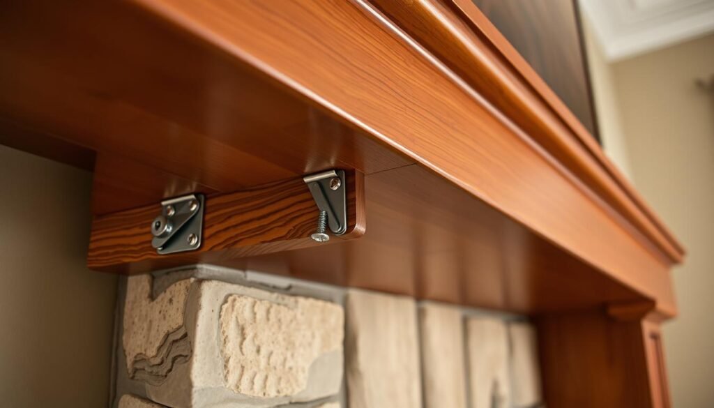 A well-lit, close-up view of a secure mantel fitting, showcasing the intricate hardware and precise installation process. The mantel is made of rich, polished wood, seamlessly integrated into the fireplace surround. The camera angle highlights the clean lines and sturdy construction, with a focus on the tension brackets, lag screws, and other fastening mechanisms that ensure a stable, reliable installation. The lighting is soft and even, emphasizing the texture and grain of the wood. The overall mood is one of craftsmanship, attention to detail, and a sense of confidence in the DIY process. A well-lit, close-up view of a secure mantel fitting, showcasing the intricate hardware and precise installation process. The mantel is made of rich, polished wood, seamlessly integrated into the fireplace surround. The camera angle highlights the clean lines and sturdy construction, with a focus on the tension brackets, lag screws, and other fastening mechanisms that ensure a stable, reliable installation. The lighting is soft and even, emphasizing the texture and grain of the wood. The overall mood is one of craftsmanship, attention to detail, and a sense of confidence in the DIY process.