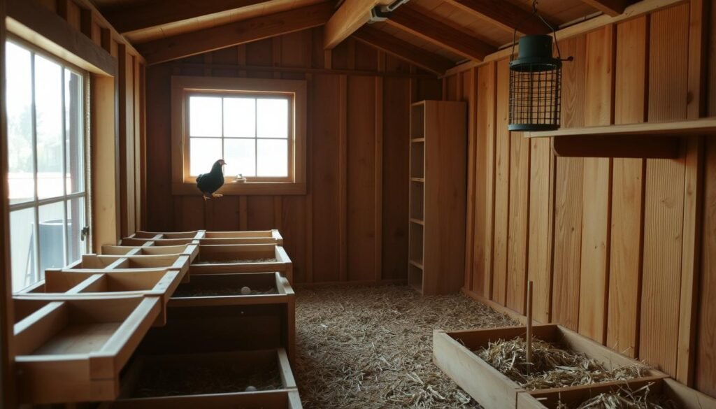 A well-lit, cozy interior of a DIY chicken coop shed, featuring a spacious layout with multiple levels for roosting and nesting. The foreground showcases a series of wooden perches at varying heights, accompanied by soft, straw-filled nesting boxes. In the middle ground, a large window floods the space with natural light, casting a warm glow on the wooden walls and floor. The background reveals neatly organized storage shelves and a hanging feeder, creating a functional and practical living environment for the chickens. The overall atmosphere conveys a sense of comfort, cleanliness, and attention to the chickens' needs. A well-lit, cozy interior of a DIY chicken coop shed, featuring a spacious layout with multiple levels for roosting and nesting. The foreground showcases a series of wooden perches at varying heights, accompanied by soft, straw-filled nesting boxes. In the middle ground, a large window floods the space with natural light, casting a warm glow on the wooden walls and floor. The background reveals neatly organized storage shelves and a hanging feeder, creating a functional and practical living environment for the chickens. The overall atmosphere conveys a sense of comfort, cleanliness, and attention to the chickens' needs.