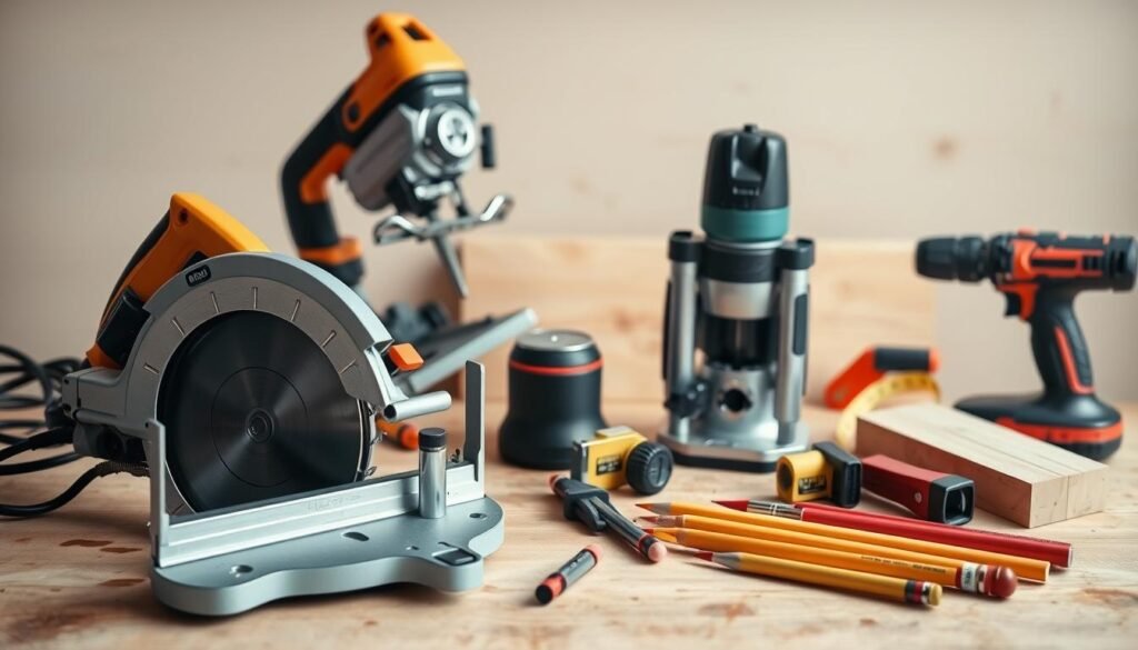 A well-lit, detailed close-up image of an assortment of hand tools used for building frameless kitchen cabinets, including a circular saw, jigsaw, power drill, router, clamps, measuring tape, and woodworking pencils, arranged on a wooden workbench with a simple, neutral background. The tools should be showcased in a way that highlights their function and utility for the DIY cabinet-making process, conveying a sense of craftsmanship and professionalism. A well-lit, detailed close-up image of an assortment of hand tools used for building frameless kitchen cabinets, including a circular saw, jigsaw, power drill, router, clamps, measuring tape, and woodworking pencils, arranged on a wooden workbench with a simple, neutral background. The tools should be showcased in a way that highlights their function and utility for the DIY cabinet-making process, conveying a sense of craftsmanship and professionalism.