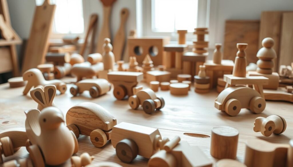 A well-lit, detailed scene of eco-friendly, handcrafted woodworking toys. In the foreground, a collection of whimsical, organic-shaped wooden animals and vehicles, their surfaces smoothed and finished with natural oils. In the middle ground, an array of simple, minimalist wooden blocks, puzzles, and stacking toys, each piece precisely cut and joined without fasteners. The background features a warm, natural-toned wooden workbench, with simple woodworking tools and materials, conveying a sense of craftsmanship and care. Soft, diffused lighting from a nearby window casts a gentle glow over the scene, highlighting the natural textures and grain of the sustainable, responsibly sourced wood. A well-lit, detailed scene of eco-friendly, handcrafted woodworking toys. In the foreground, a collection of whimsical, organic-shaped wooden animals and vehicles, their surfaces smoothed and finished with natural oils. In the middle ground, an array of simple, minimalist wooden blocks, puzzles, and stacking toys, each piece precisely cut and joined without fasteners. The background features a warm, natural-toned wooden workbench, with simple woodworking tools and materials, conveying a sense of craftsmanship and care. Soft, diffused lighting from a nearby window casts a gentle glow over the scene, highlighting the natural textures and grain of the sustainable, responsibly sourced wood.