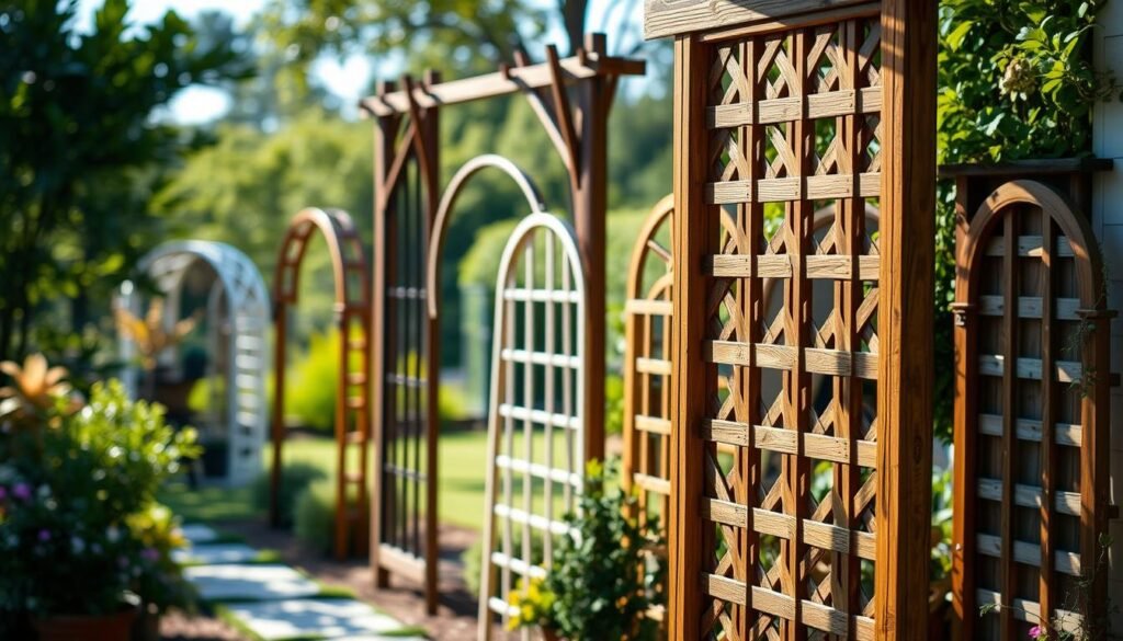 A well-lit, detailed scene of various DIY trellis ideas for a woodworking project. In the foreground, an ornate wooden trellis with intricate lattice patterns stands tall, casting interesting shadows. In the middle ground, several other trellis designs are showcased, from simple vertical supports to more elaborate arched structures. The background features a tranquil outdoor setting, perhaps a lush garden or backyard, creating a serene and inspirational atmosphere. The lighting is soft and natural, highlighting the textures and craftsmanship of the wooden structures. The entire scene conveys a sense of creativity, functionality, and the joy of DIY woodworking. A well-lit, detailed scene of various DIY trellis ideas for a woodworking project. In the foreground, an ornate wooden trellis with intricate lattice patterns stands tall, casting interesting shadows. In the middle ground, several other trellis designs are showcased, from simple vertical supports to more elaborate arched structures. The background features a tranquil outdoor setting, perhaps a lush garden or backyard, creating a serene and inspirational atmosphere. The lighting is soft and natural, highlighting the textures and craftsmanship of the wooden structures. The entire scene conveys a sense of creativity, functionality, and the joy of DIY woodworking.