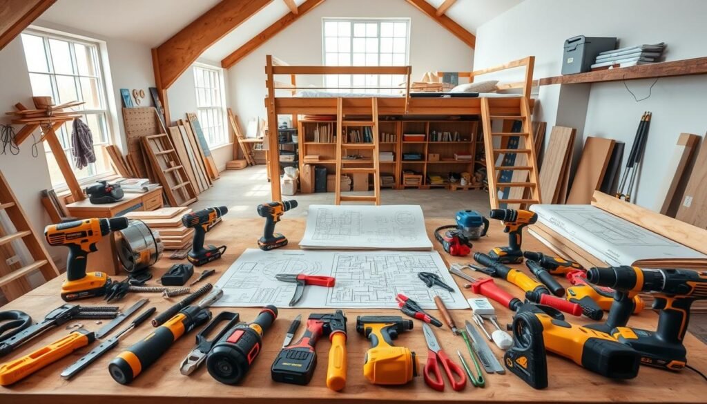 A well-lit, detailed scene showcasing a comprehensive set of tools and materials needed for a DIY full-size staircase loft bed project. In the foreground, an assortment of power tools, hand tools, and hardware items are neatly arranged on a sturdy workbench, their surfaces gleaming under the soft, natural lighting. In the middle ground, technical drawings and schematics for the loft bed design are spread out, providing a visual reference. The background features a spacious, airy loft interior with exposed wooden beams and large windows, setting the stage for the construction process. The overall atmosphere conveys a sense of organized preparation, technical precision, and the excitement of embarking on a rewarding DIY endeavor. A well-lit, detailed scene showcasing a comprehensive set of tools and materials needed for a DIY full-size staircase loft bed project. In the foreground, an assortment of power tools, hand tools, and hardware items are neatly arranged on a sturdy workbench, their surfaces gleaming under the soft, natural lighting. In the middle ground, technical drawings and schematics for the loft bed design are spread out, providing a visual reference. The background features a spacious, airy loft interior with exposed wooden beams and large windows, setting the stage for the construction process. The overall atmosphere conveys a sense of organized preparation, technical precision, and the excitement of embarking on a rewarding DIY endeavor.