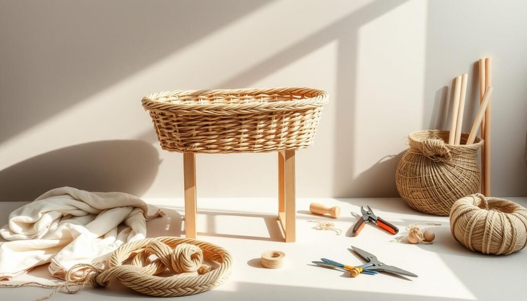 A well-lit, detailed still life composition of a DIY Moses basket and its stand materials. In the foreground, the woven basket in a neutral, earthy tone sits atop a wooden stand with clean, minimalist lines. Surrounding the basket are the necessary materials - soft, undyed cotton rope, sturdy wooden dowels, natural jute twine, and a set of basic tools like scissors and pliers, all arranged artfully. The middle ground features a plain, muted background, allowing the materials to take center stage. Soft, diffused natural lighting creates gentle shadows and highlights the textures of the organic elements. The overall mood is one of simple, functional elegance, reflecting the handmade nature of the project. A well-lit, detailed still life composition of a DIY Moses basket and its stand materials. In the foreground, the woven basket in a neutral, earthy tone sits atop a wooden stand with clean, minimalist lines. Surrounding the basket are the necessary materials - soft, undyed cotton rope, sturdy wooden dowels, natural jute twine, and a set of basic tools like scissors and pliers, all arranged artfully. The middle ground features a plain, muted background, allowing the materials to take center stage. Soft, diffused natural lighting creates gentle shadows and highlights the textures of the organic elements. The overall mood is one of simple, functional elegance, reflecting the handmade nature of the project.