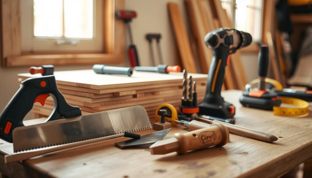 A well-lit, detailed still life scene of essential woodworking tools for chair construction. In the foreground, a sharp hand saw, a wood chisel, and a power drill with various drill bits are neatly arranged on a wooden workbench. In the middle ground, a selection of clamps, a hammer, and a measuring tape rest near a stack of sanded wood planks. The background features a window letting in warm, natural light, illuminating the scene and casting soft shadows. The overall mood is one of craftsmanship, precision, and the promise of a successful DIY woodworking project. A well-lit, detailed still life scene of essential woodworking tools for chair construction. In the foreground, a sharp hand saw, a wood chisel, and a power drill with various drill bits are neatly arranged on a wooden workbench. In the middle ground, a selection of clamps, a hammer, and a measuring tape rest near a stack of sanded wood planks. The background features a window letting in warm, natural light, illuminating the scene and casting soft shadows. The overall mood is one of craftsmanship, precision, and the promise of a successful DIY woodworking project.